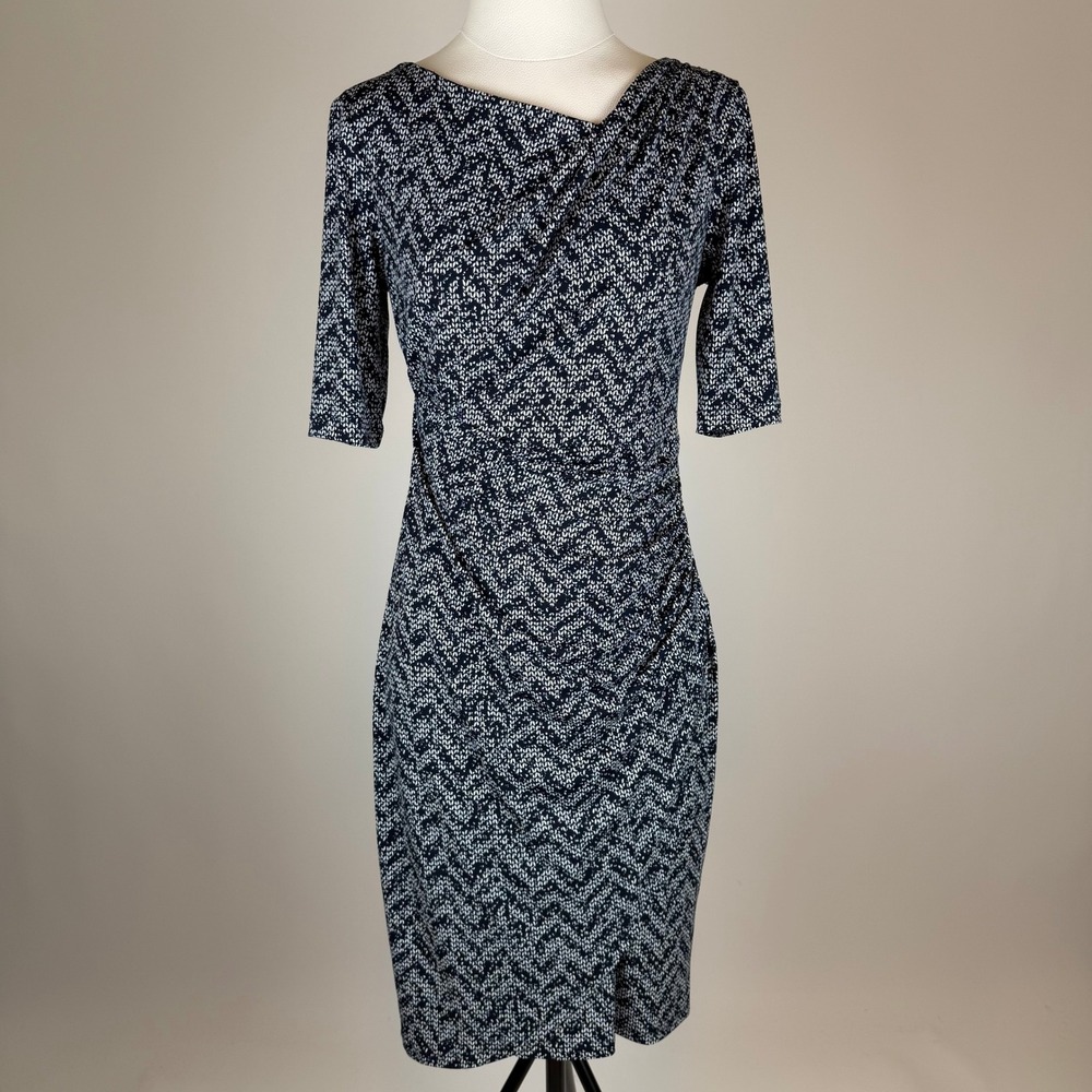 Dress Barn Navy White Chevron Ruched Sheath Dress Womens Size 4 Office Stretch